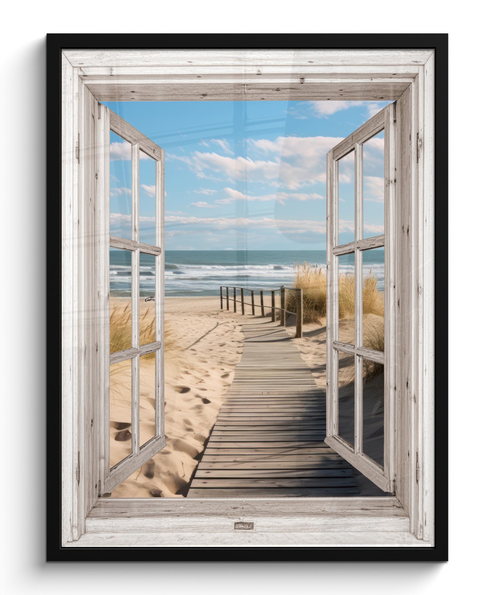POSTER MIT RAHMENGERAHMTES BILD Fenster - Meer - Küste - Natur - Ausblick - Strand - Wattenmeer Posterleiste 60x80 cm - Beige, Papier (60/80cm) - MuchoWow