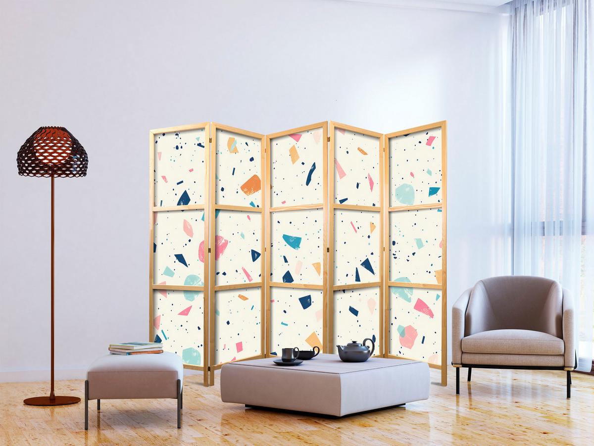 PARAVENT Japanischer 5-tlg 225x172 cm Farbiger Terrazzo Muster - Multicolor, Holz/Textil (225/172/3cm) - Muralo