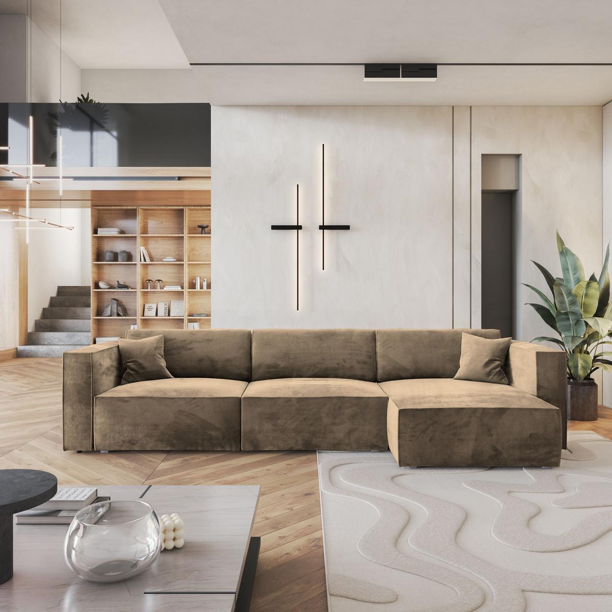 ECKSOFA TOLMO M Beige Velours-Stoff mit Schlaffunktion - Beige/Grau, Holz/Kunststoff (347/148cm) - MASSENO