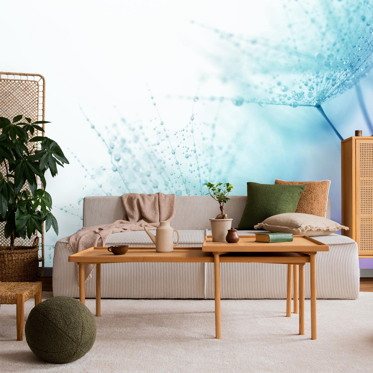 FOTOTAPETE für Badezimmer Leuchtende Löwenzahnblüten Wassertropfen Blau 200x140 - Türkis/Blau, Papier (200/140cm) - Muralo