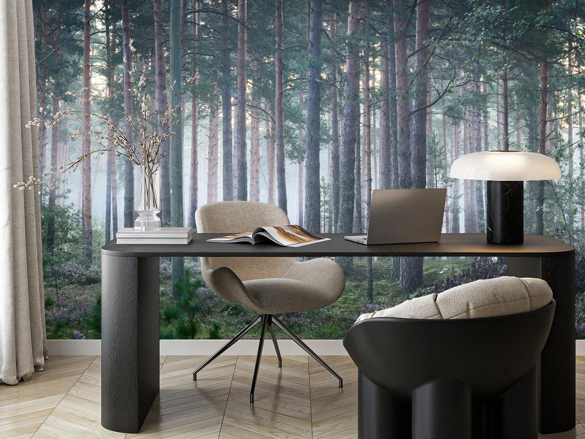 FOTOTAPETE für Wohnzimmer Nebelwald mit Bäumen Moos Grün 450x315 - Grau/Grün, Papier (450/315cm) - Muralo