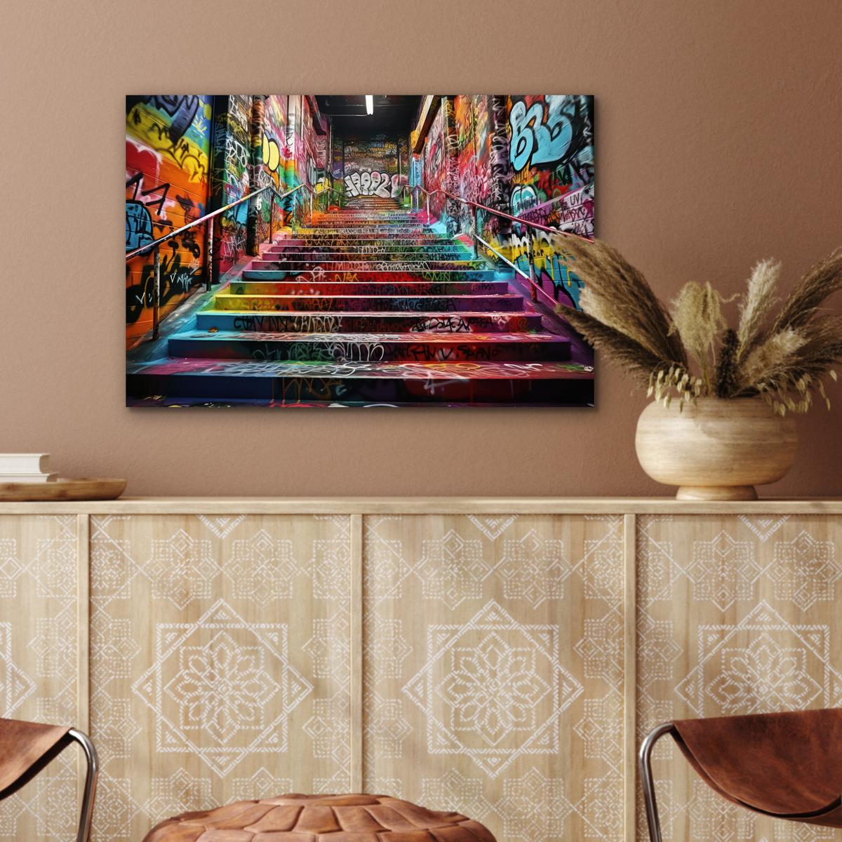 METALLBILD Treppe - Graffiti - Farben - Kunst Wandbild 60x40 cm - Multicolor, Metall (60/40cm) - MuchoWow