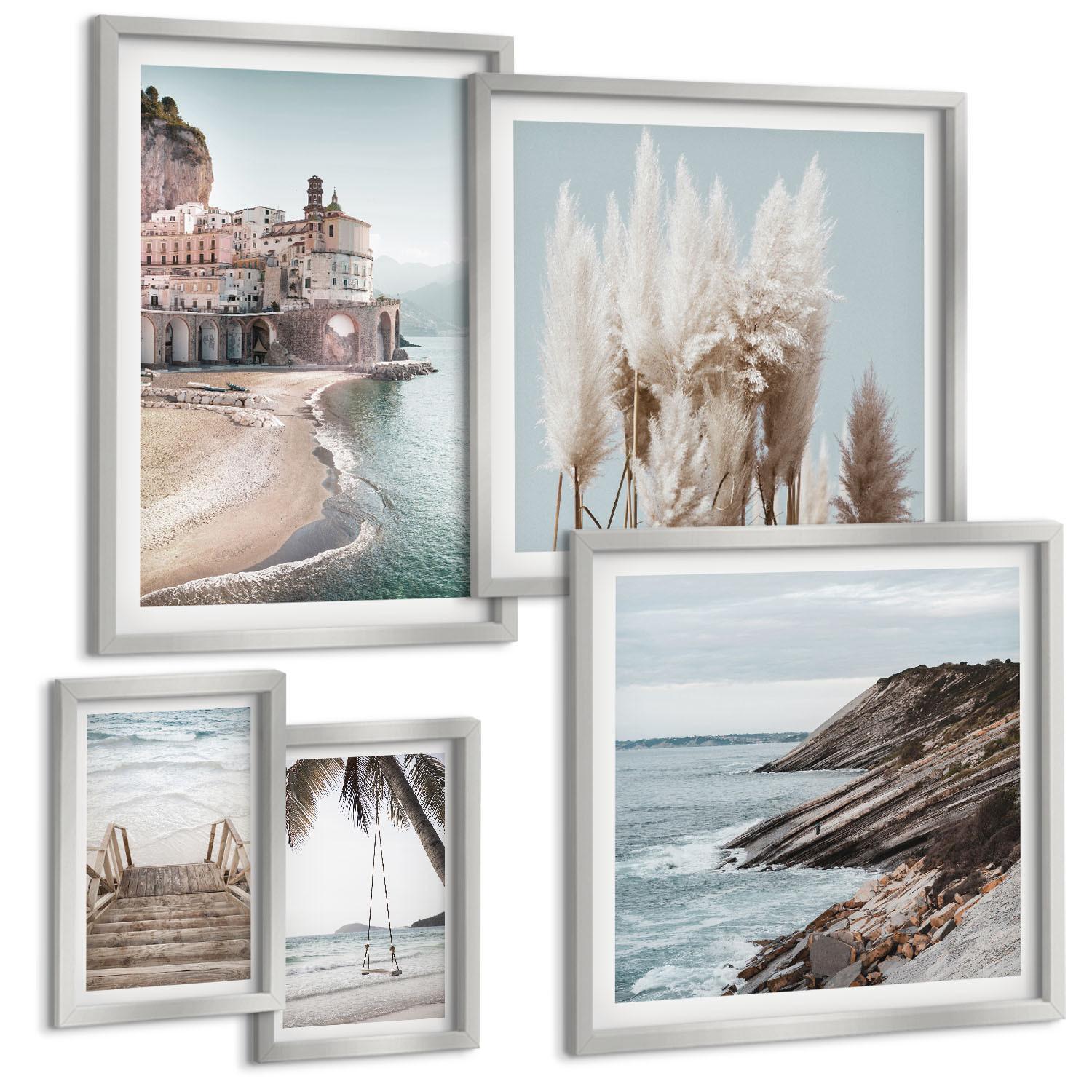 BILDER SET 5er Set - 50x50 cm & 20x30 cm & 40x60 cm Silberner Rahmen - Abstrakte Muster beige weiß - Silberfarben, Kunststoff (40/60cm) - TULUP