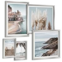 BILDER SET 5er Set - 50x50 cm & 20x30 cm & 40x60 cm Silberner Rahmen - Abstrakte Muster beige weiß - Silberfarben, Kunststoff (40/60cm) - TULUP