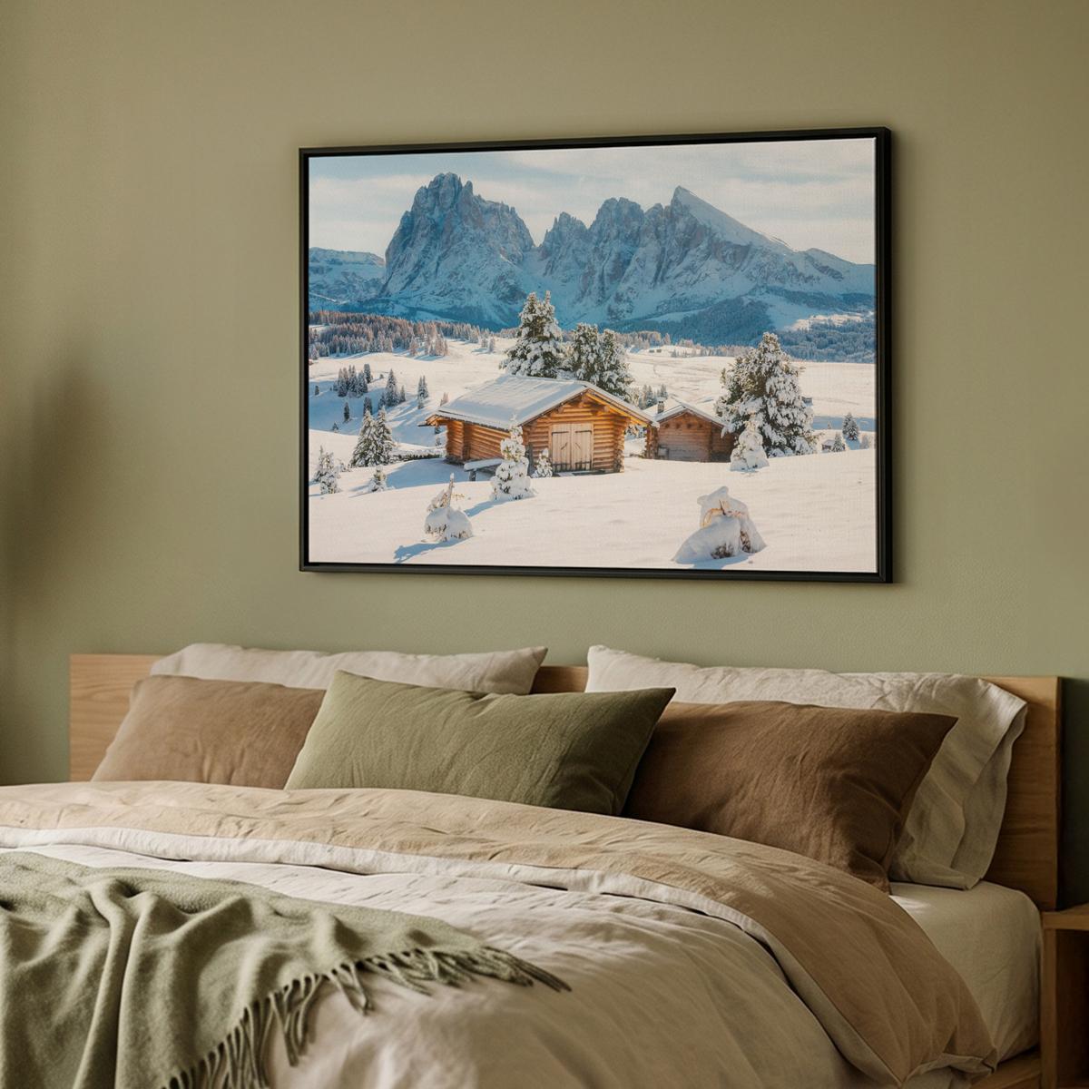 LEINWAND Bilder mit Rahmen - Winter - Hütte - Berge - Aussicht - Schnee - 100x70 - Eichefarben, Textil (100/70cm) - MuchoWow