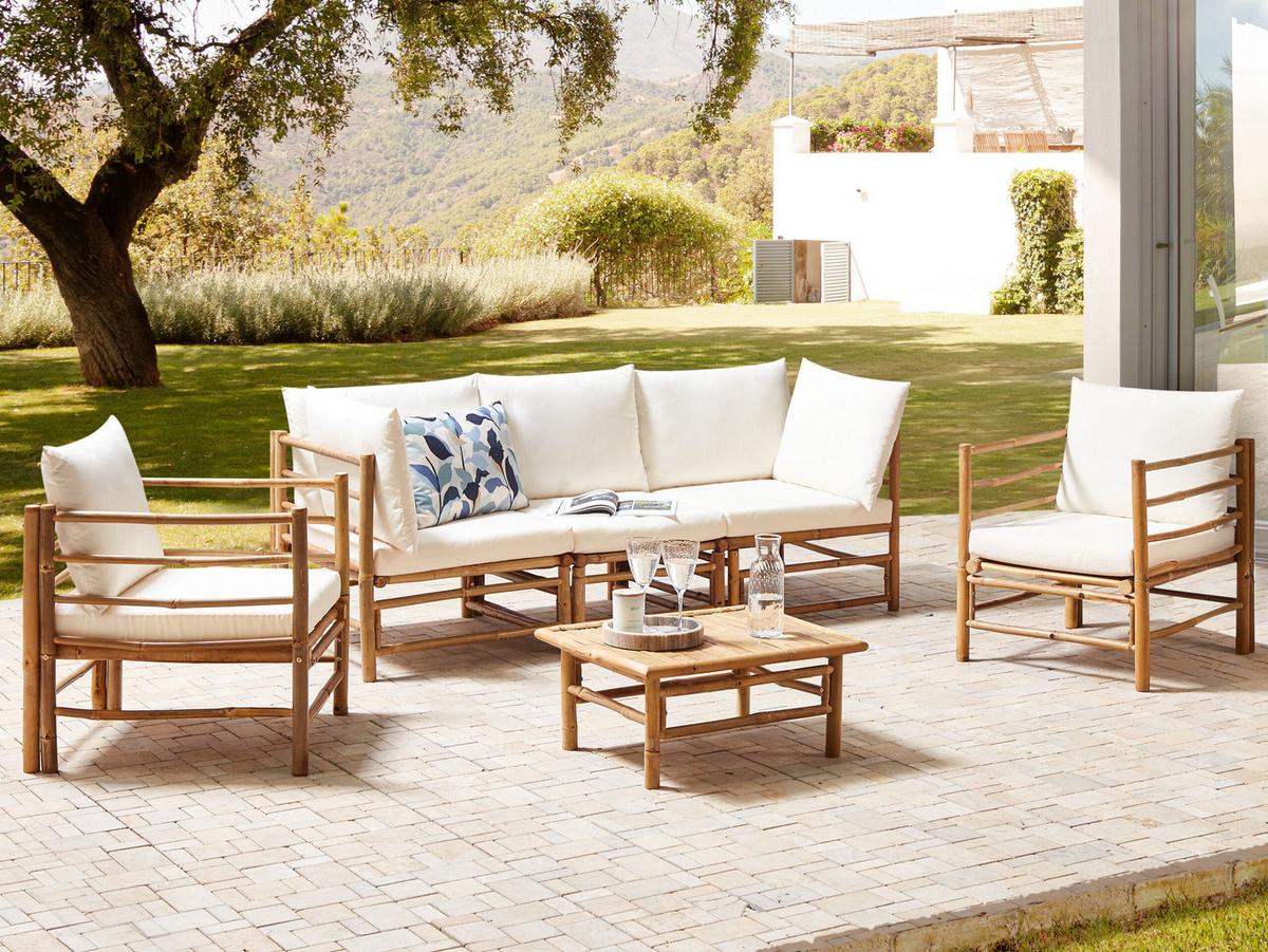 LOUNGE SET 5-Sitzer Bambusholz hellbraun 4-teilig Auflagen cremeweiß Cerreto - Creme, Holz - Beliani