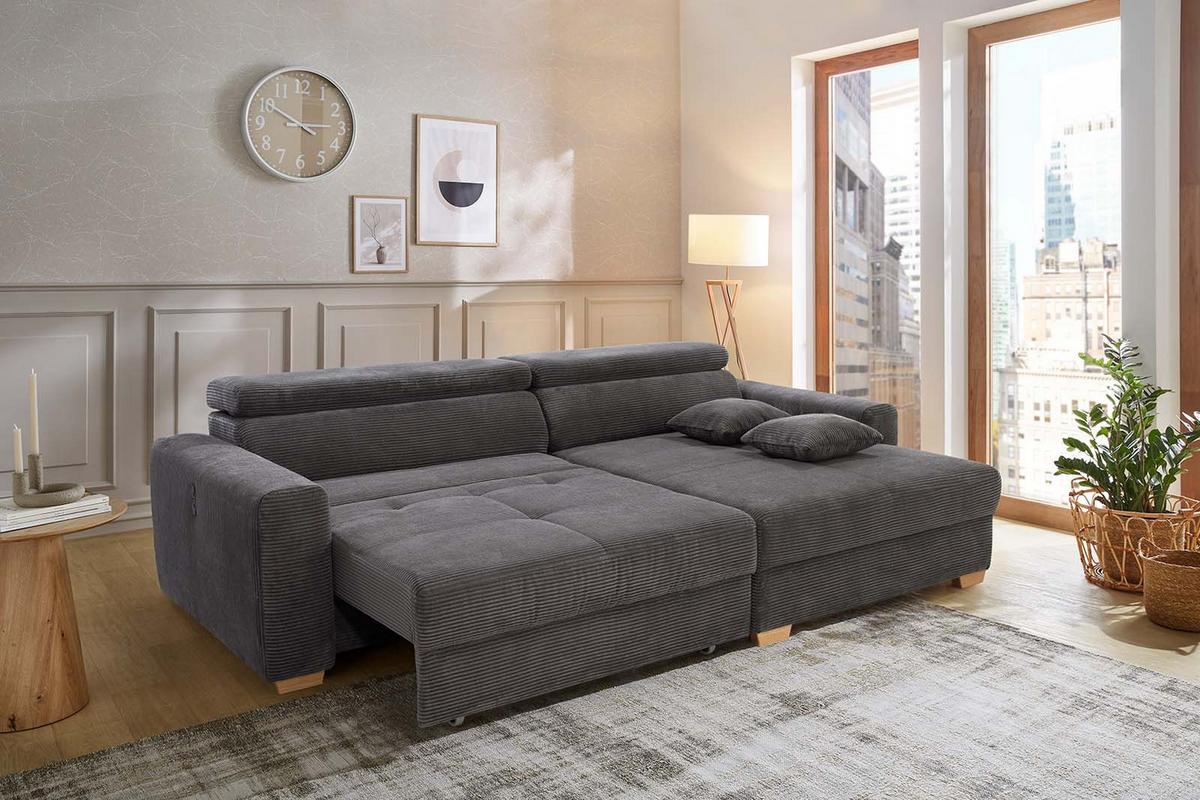 ECKSOFA mit elektrischer Sitztiefenverstellung, Kopflehnen verstellbar, USB-A und USB-C Ladefunktion B277/T187/H109 cm, Cord Dunkelgrau / 15402 - Dunkelgrau/Eichefarben, Eichenholz/Textil (277/187cm) - luma-home
