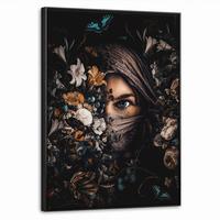 LEINWAND Bilder mit Rahmen - Frau - Luxus - Blumen - Schmetterling - Porträt - 70x100 - Schwarz, Textil (70/100cm) - MuchoWow