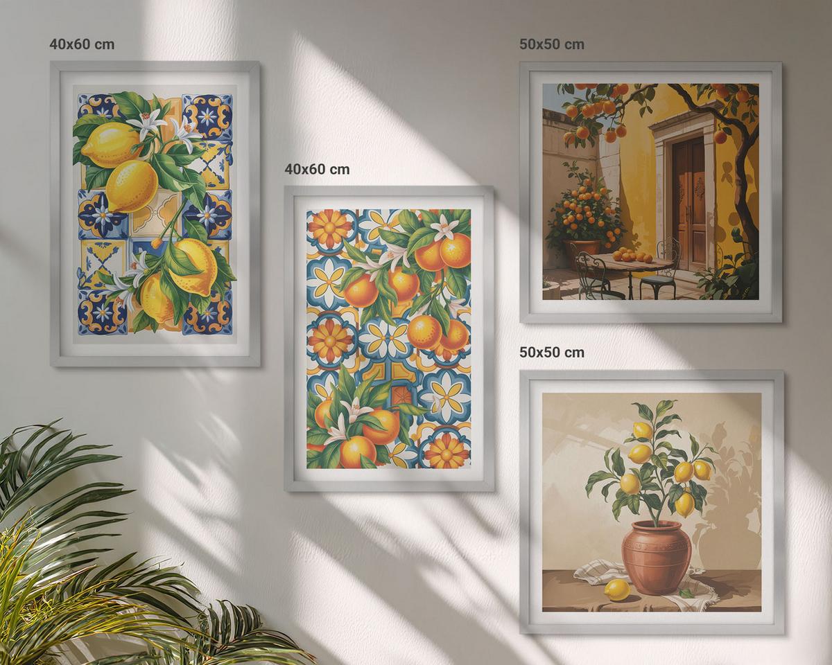 BILDER SET 4er Set - 50x50 cm & 40x60 cm Silberner Rahmen - Zitronenorange Blütenmuster - Silberfarben, Kunststoff (50/50cm) - TULUP