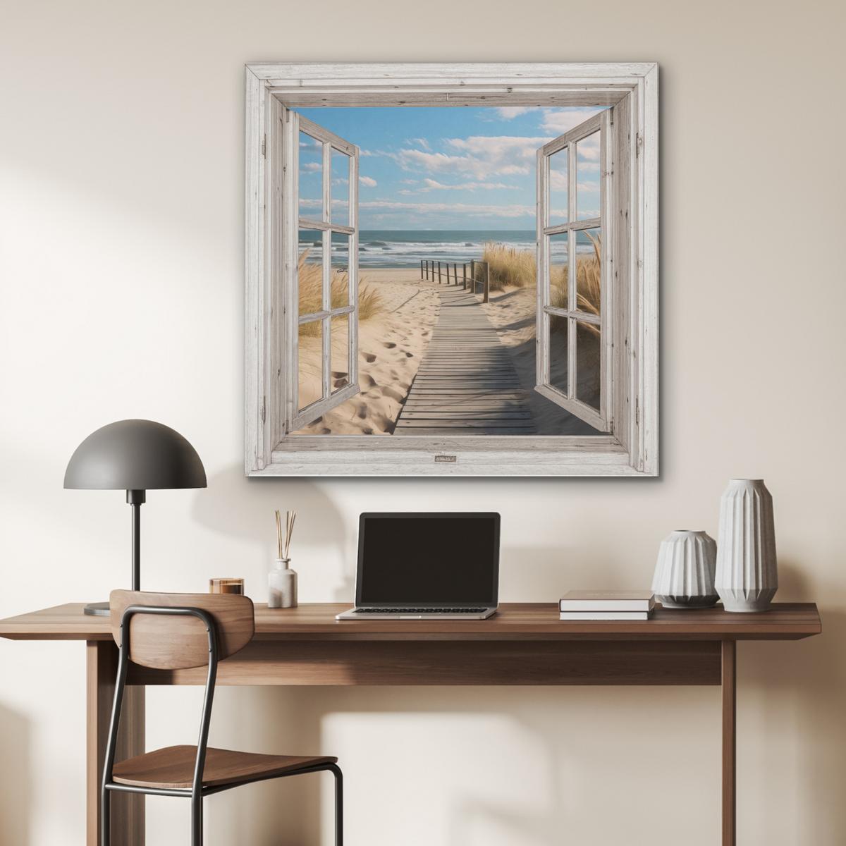 AKUSTIKBILD Fenster - Meer - Küste - Natur - Ausblick - Strand - Wattenmeer Akustikpaneele 90x90 cm - Beige, Kunststoff (90/90/0.9cm) - MuchoWow