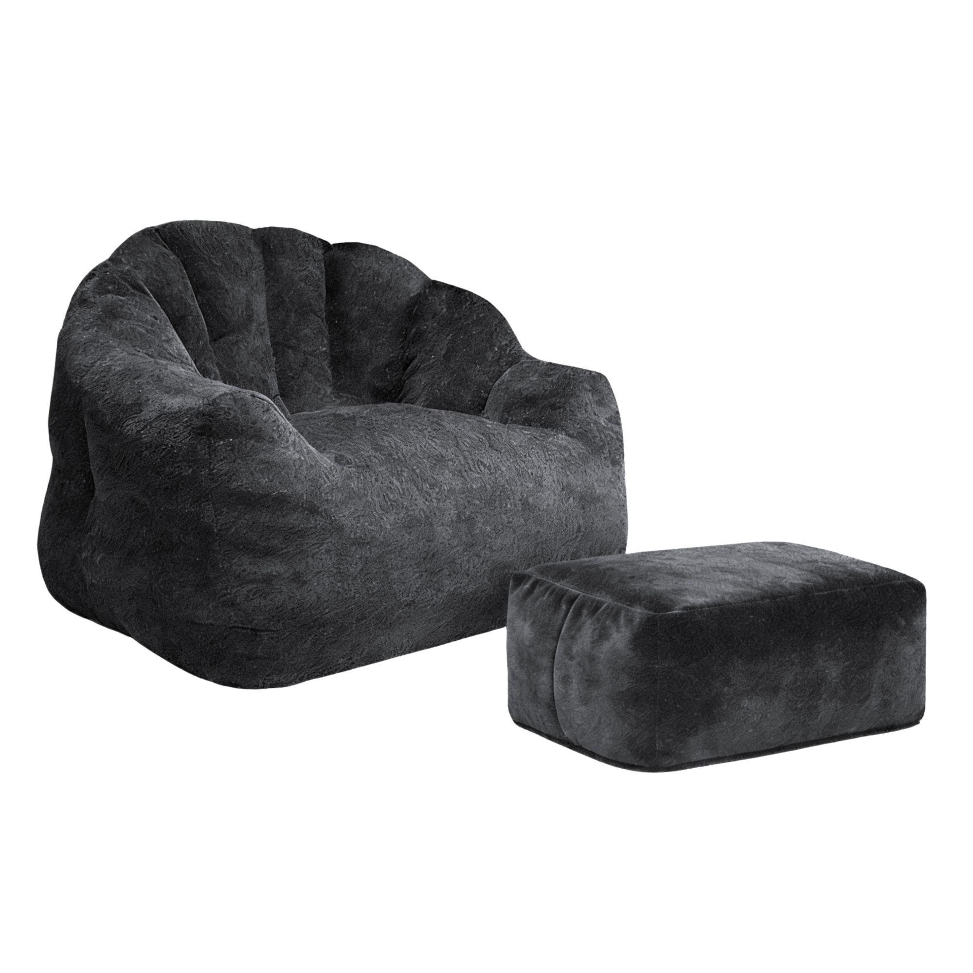 SESSEL mit Hocker aus weichem Chenille mit Blüten-Rückenlehne und Ottomane - Schwarz, Textil (99/65/86cm) - Urban Meuble