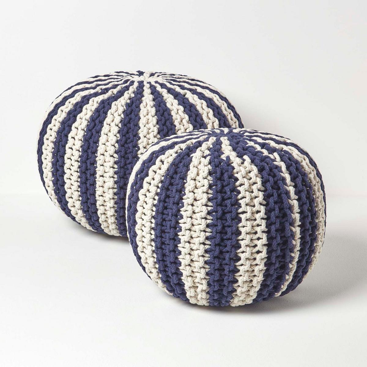 STRICKPOUF rund, marine-creme gestreift, 40/40/35 cm - Dunkelblau, Textil (40/35/40cm) - Homescapes
