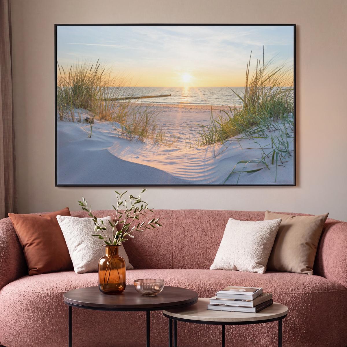 LEINWAND Bilder mit Rahmen - Strand - Sonne - Düne - Gras - Sand - Horizont - 140x90 - Hellblau, Textil (140/90cm) - MuchoWow