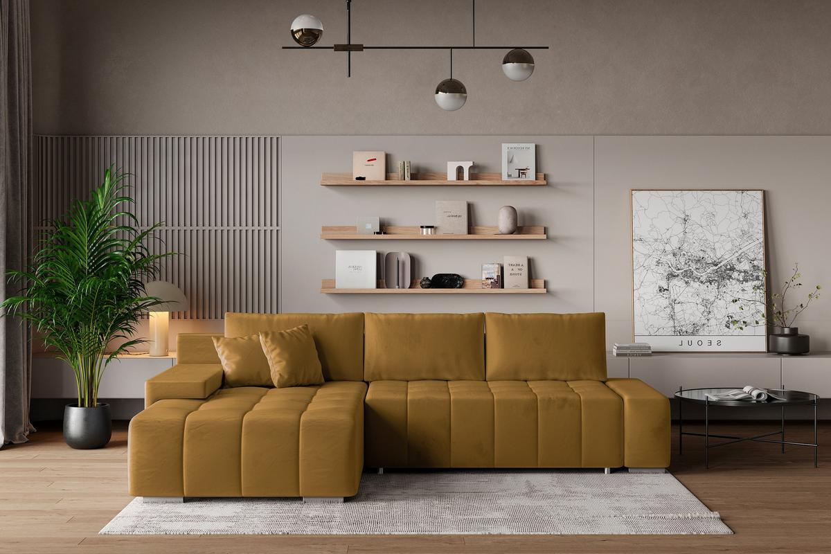 ECKSOFA ALESE L-S Gelb Velours-Stoff mit Schlaffunktion - Gelb/Silberfarben, Holz/Textil (265/185cm) - MASSENO