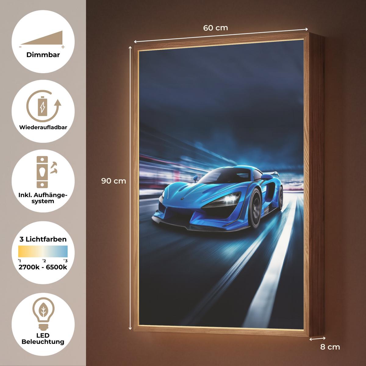 WANDLEUCHTE MIT AKKU Auto - Blau - Jungen - Kind 60x90 cm - Blau, Holzwerkstoff (60/90/8cm) - OnlyWow