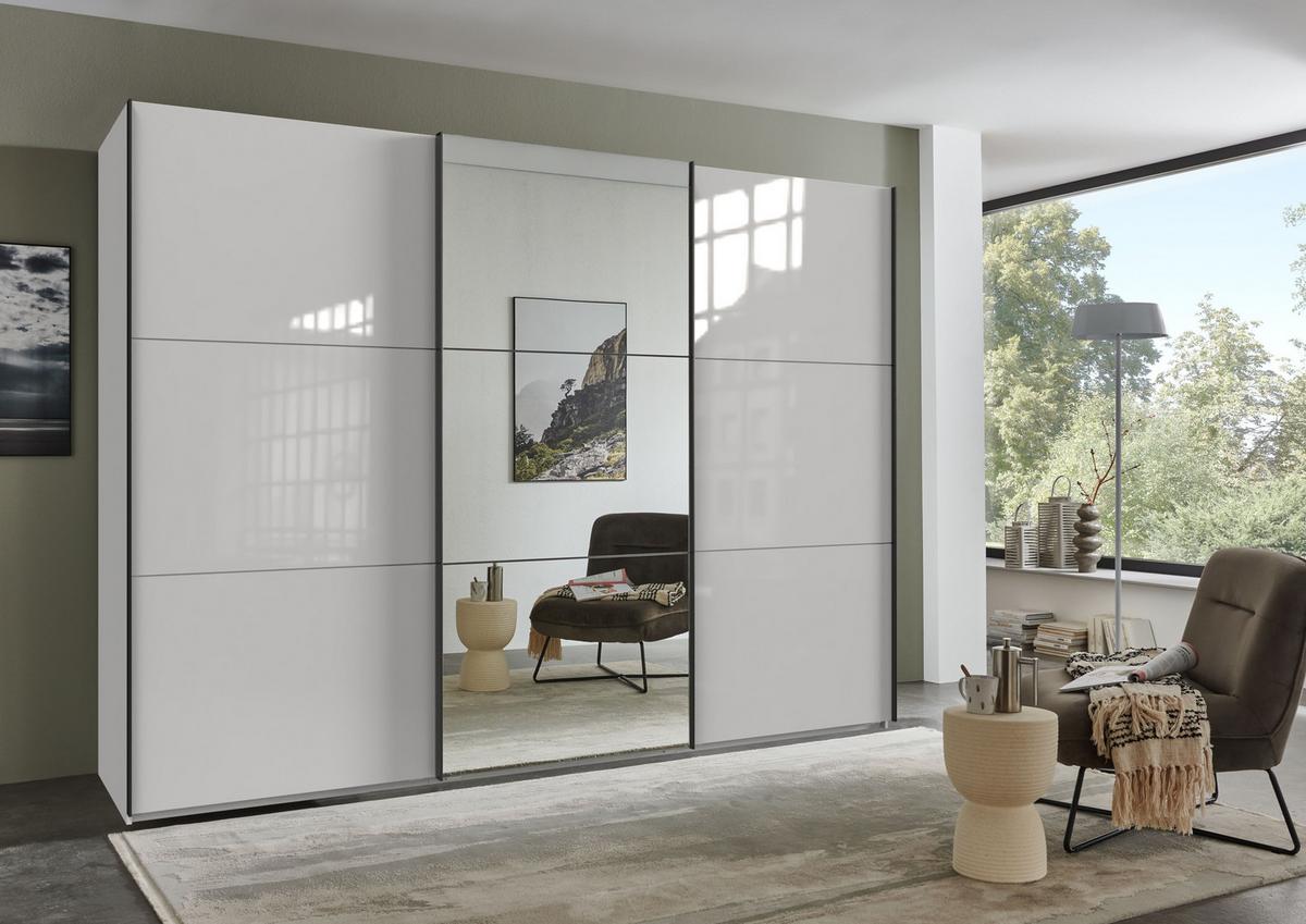 SCHWEBETÜRENSCHRANK 3-türig B300/H216/T65 cm in Weiß mit Glasfront, eine Spiegeltür, Kleiderschrank inkl. Vollausstattung / 22039 - Eichefarben/Weiß, Holzwerkstoff/Metall (300/216/65cm) - luma-home