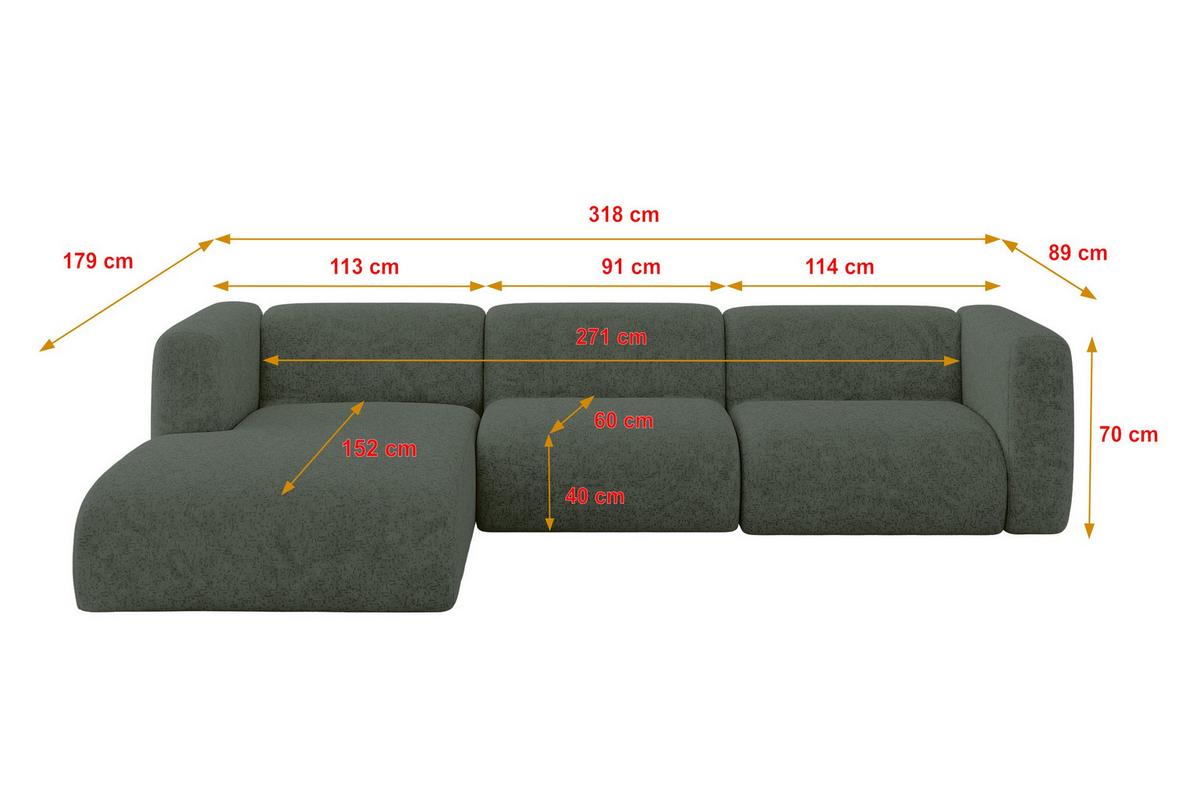 ECKSOFA Ottomane Links MIRA-L2 318x179x89 Grün Velours - Schwarz/Grün, Holzwerkstoff/Kunststoff (318/179cm) - ALTDECOR