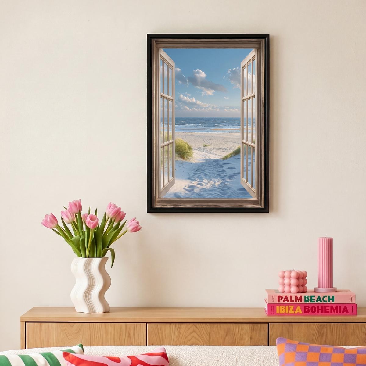 LEINWAND Bilder mit Rahmen - Aussicht - Strand - Fenster - Dünen - Meer - 20x30 - Hellblau, Textil (20/30cm) - MuchoWow