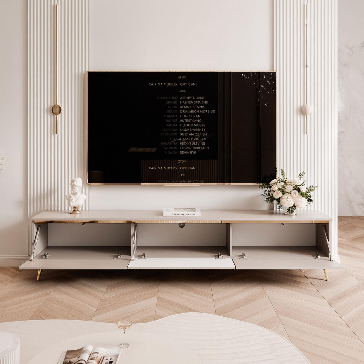 GERIFFELTER TV-Schrank SELIA 200 cm auf Füßen, Kaschmir mit goldener Zierleiste - Kaschmir, Holzwerkstoff (200/42/35cm) - Idohome