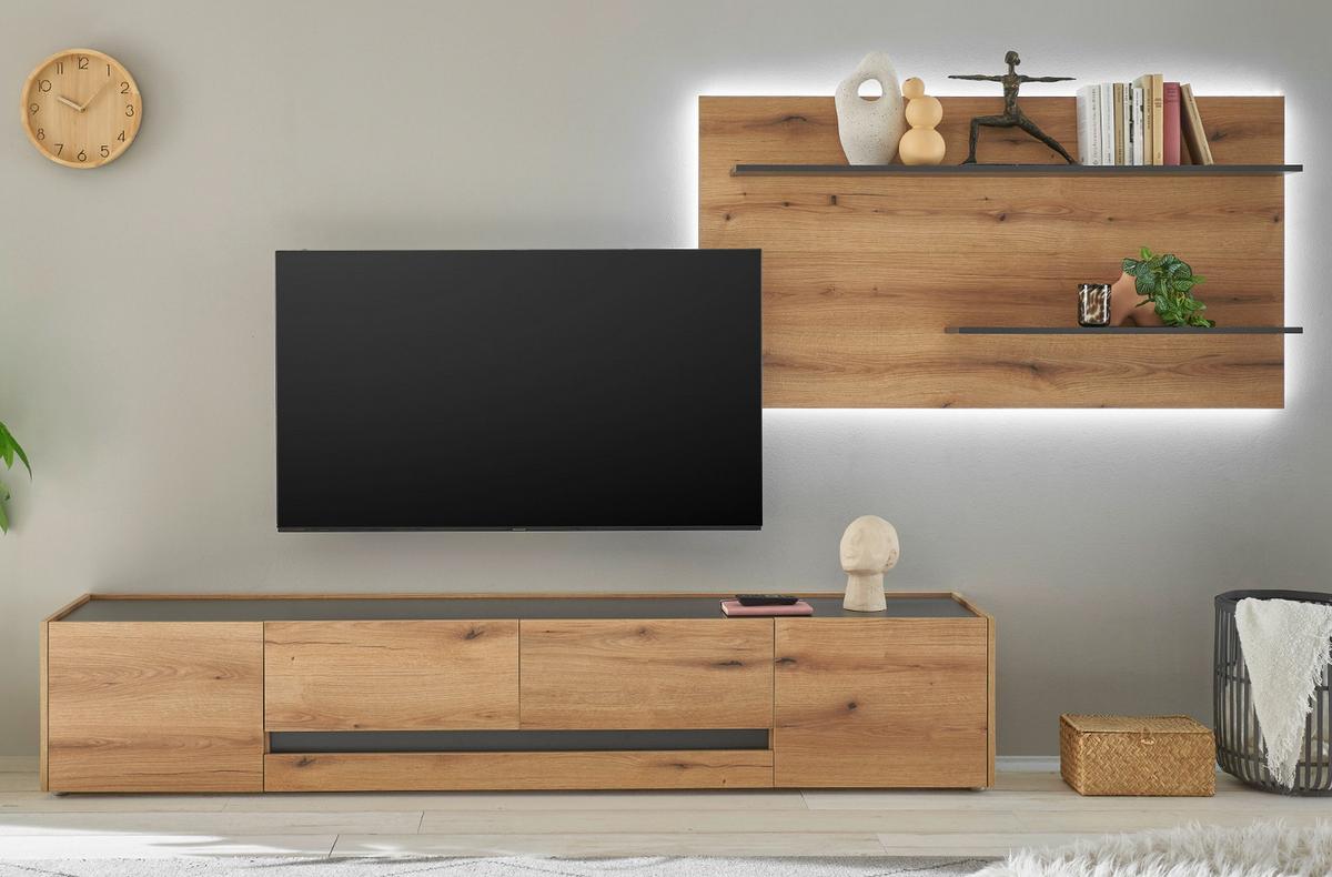 WOHNWAND Evoke Eiche, grau 2-teilig 300 cm, Wohnkombination inklusive Beleuchtung - Eichefarben/Schwarz, Holzwerkstoff/Kunststoff (300/180/45cm) - Furn.Design
