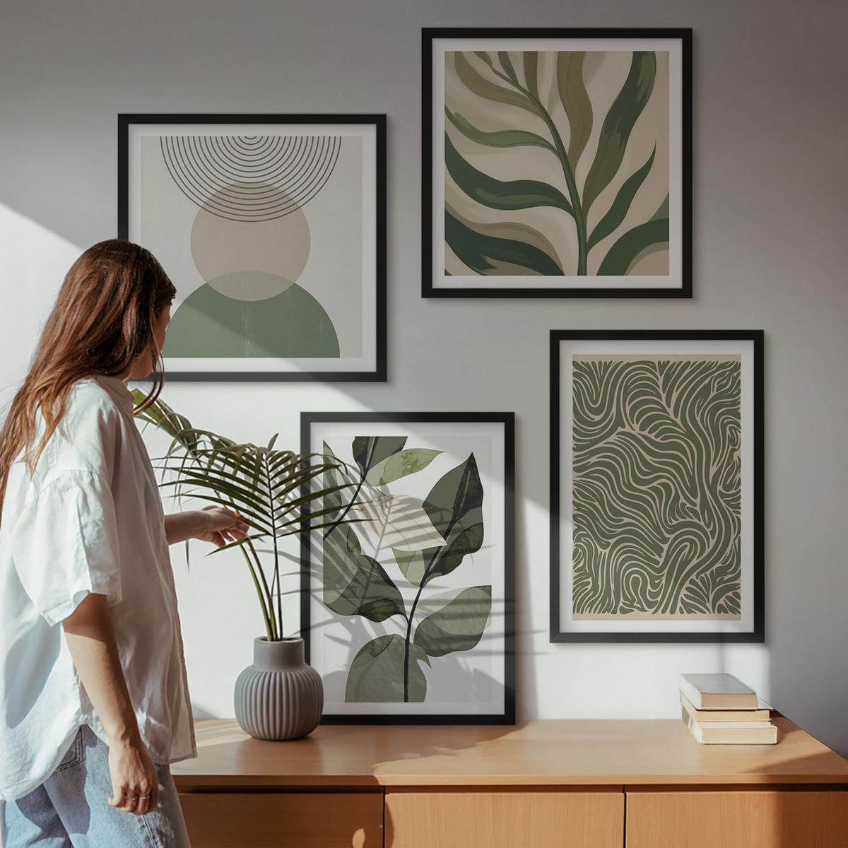 BILDER SET 4er Set - 50x50 cm & 40x60 cm Schwarzer Rahmen - Blätter geometrische Formen abstrakt - Schwarz, Kunststoff (50/50cm) - TULUP