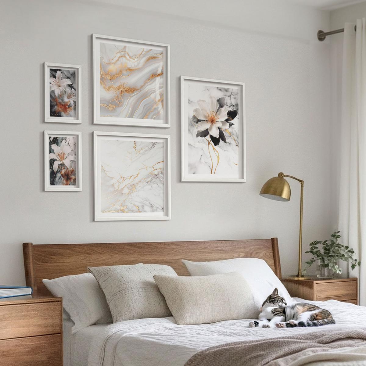 BILDER SET 5er Set - 50x50 cm & 20x30 cm & 40x60 cm Weißer Rahmen - Bilder mit blau-goldenen Mustern - Weiß, Kunststoff (40/60cm) - TULUP
