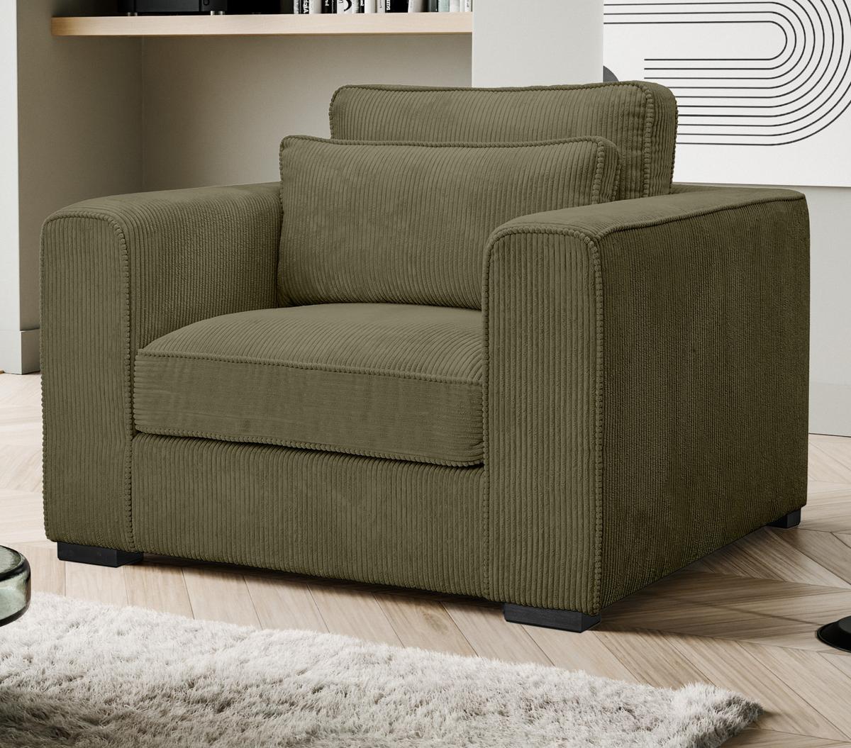 SESSEL khaki Cord, Loungesessel 120 cm, Wohnzimmersessel mit Wellenfederung - Dunkelgrün/Schwarz, Holzwerkstoff/Kunststoff (120/92/112cm) - Inn.Furn