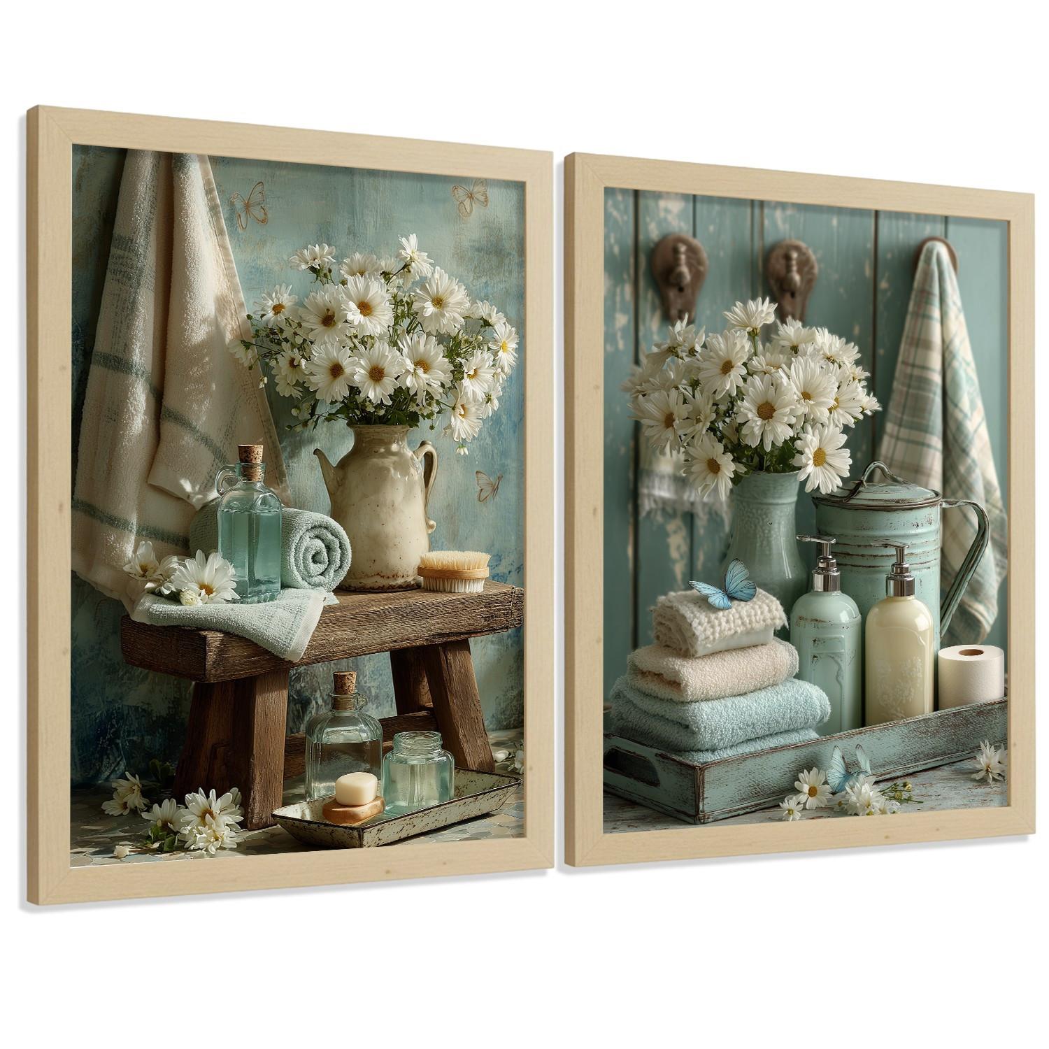 POSTER Set mit 2 dekorativen Badezimmer-Drucken, Shabby Chic Blumenposter für Wand, romantische Dekoration mit Blumen Leichter Holzrahmen A3 - Beige, Papier (42/29.7/3cm) - Nacnic