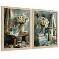 POSTER Set mit 2 dekorativen Badezimmer-Drucken, Shabby Chic Blumenposter für Wand, romantische Dekoration mit Blumen Leichter Holzrahmen A3 - Beige, Papier (42/29.7/3cm) - Nacnic