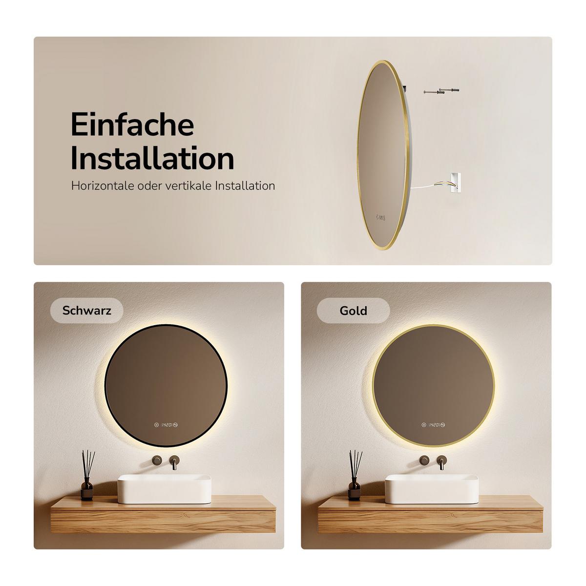BADSPIEGEL mit LED-Beleuchtung Anti-Beschlag Zeitanzeige Goldfarben Ø 60 cm - Goldfarben, Glas (60/3/3cm) - EMKE
