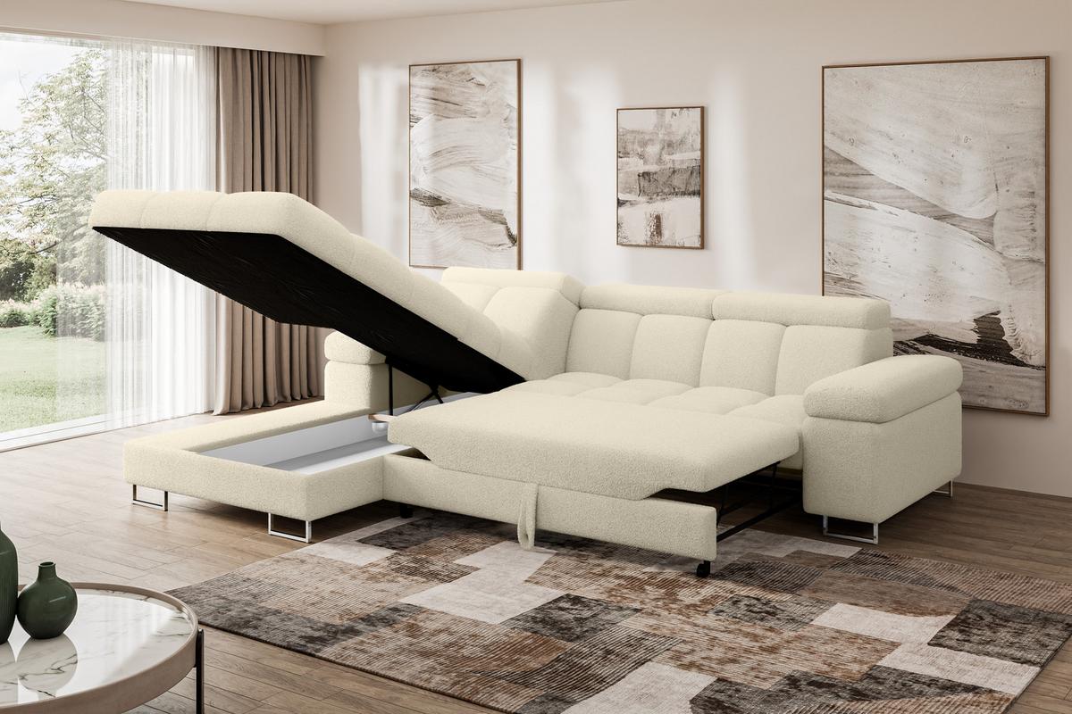 ECKSOFA mit Schlaffunktion Ottomane Links 271x203x79 Beige Bouclé - Sandfarben, Holzwerkstoff/Textil (271/203cm) - ALTDECOR