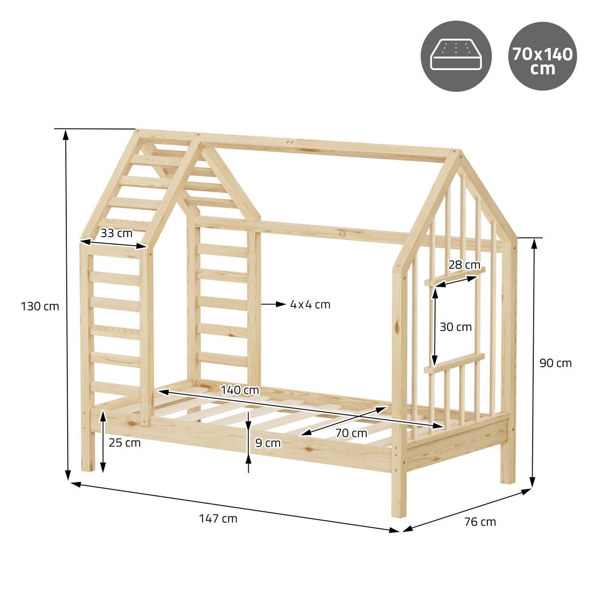 KINDERBETT 70x140 cm mit Lattenrost Dach und Fenster Hausbett aus massivem Kiefernholz Natur - Naturfarben, Holz (70/140cm) - ML-DESIGN