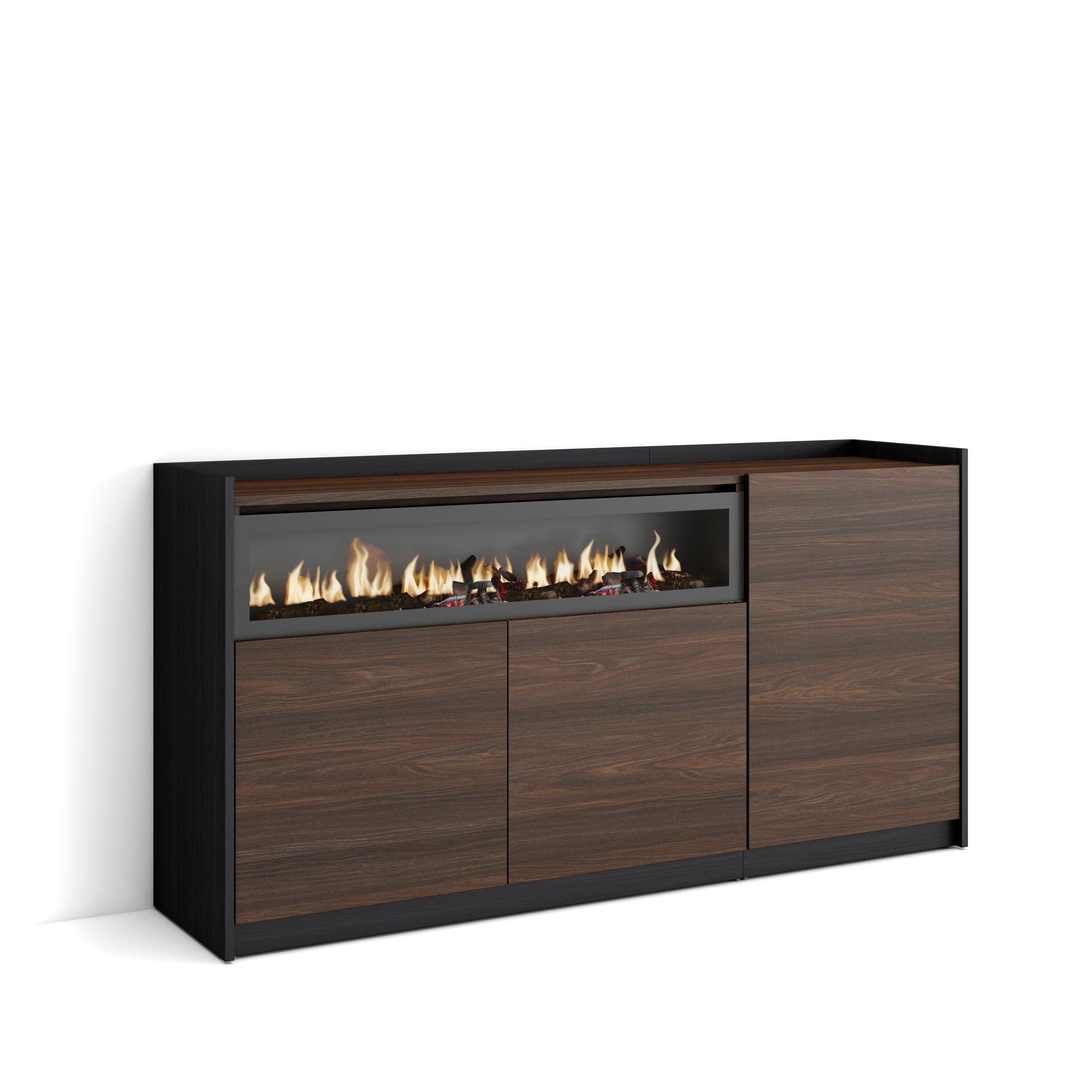 SIDEBOARD, Highboard, Dunkler Eiche und Schwarz, Elektrokamin, 156/37/80cm - Hellbraun, Holzwerkstoff (156/80/37cm) - Skraut Home