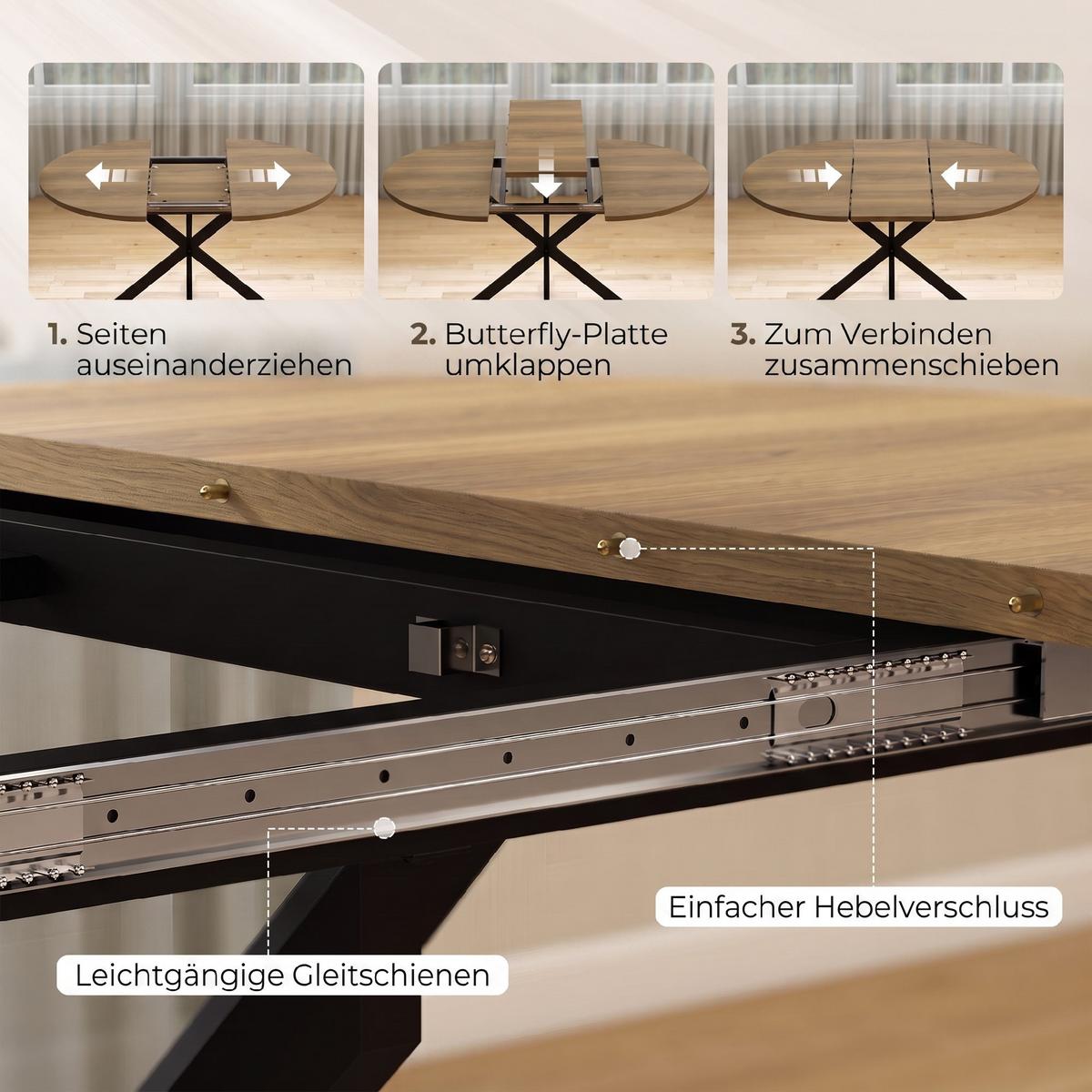 AUSZIEHBARER-ESSTISCH MDF Stahl Braun - Schwarz/Braun, Holzwerkstoff/Metall (135/100/75cm) - HOMCOM
