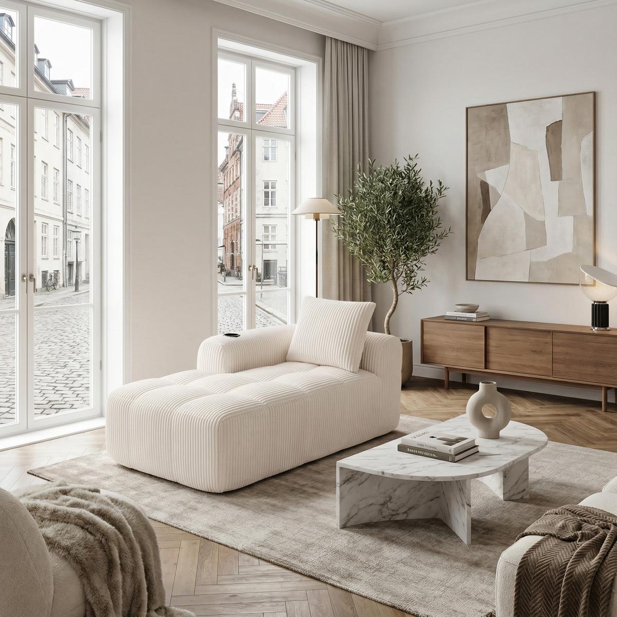 CHAISELONGUE in Cord (158 cm) mit Getränkehalter & Seitentaschen - Beige, Textil (158/61/93cm) - Urban Meuble