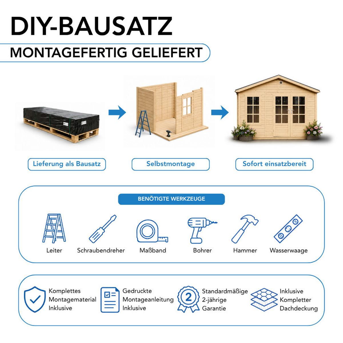 GARTENHAUS HOLZ M734 370 x 240 cm - Naturfarben, Holz (382/267/276cm) - Timbela