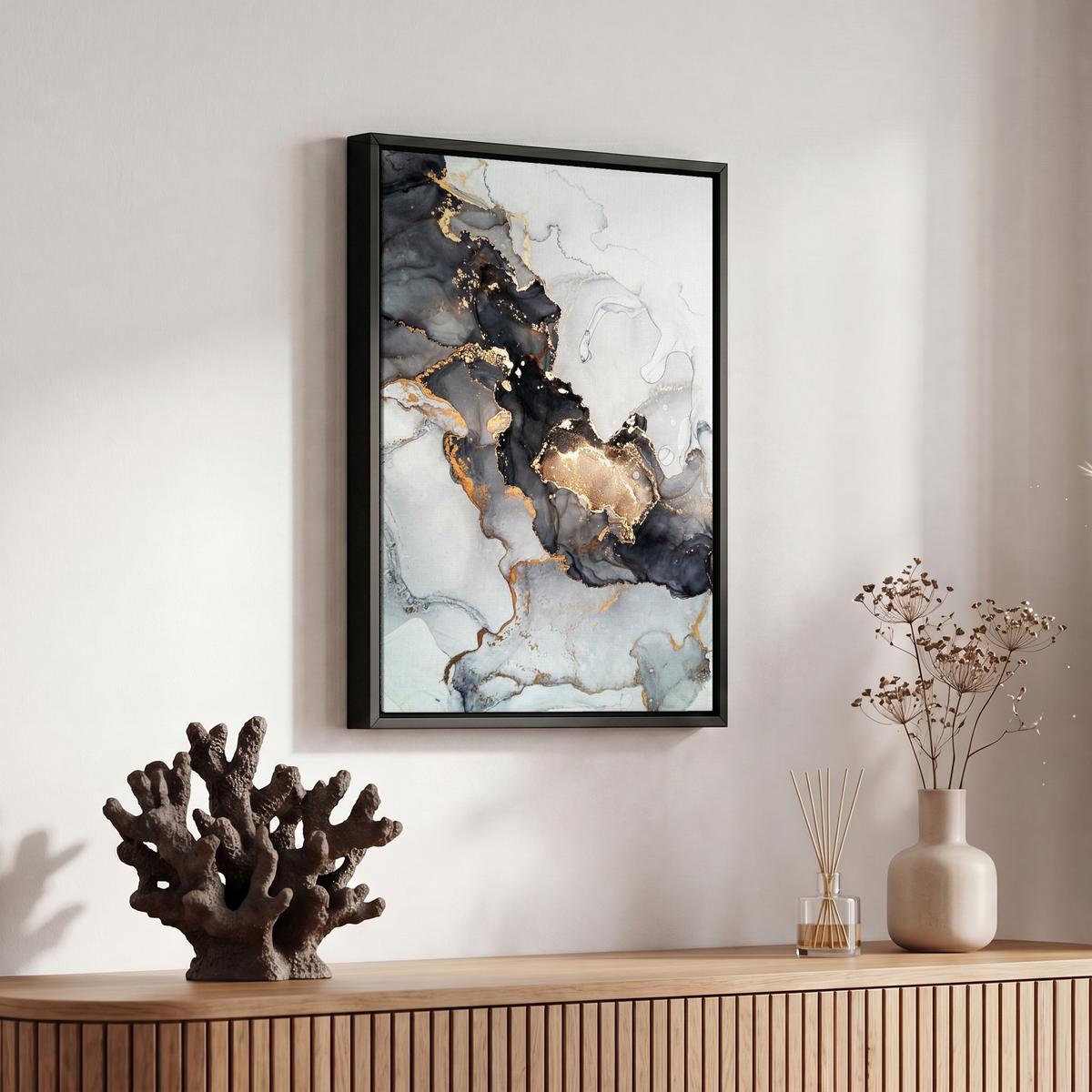 LEINWAND Bilder mit Rahmen - Marmor - Schwarz - Weiß - Gold - Luxus - Abstrakt - 20x30 - Goldfarben, Textil (20/30cm) - MuchoWow