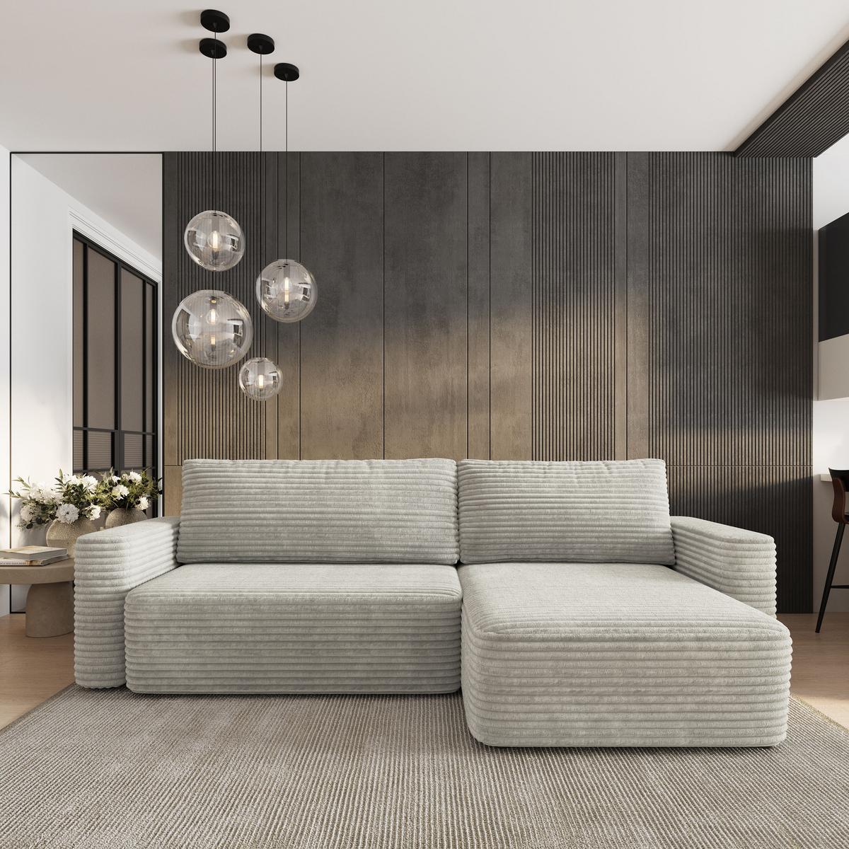 ECKSOFA TELIN Hellgrau Kordstoff mit Schlaffunktion - Hellgrau, Holz (280/162cm) - MASSENO