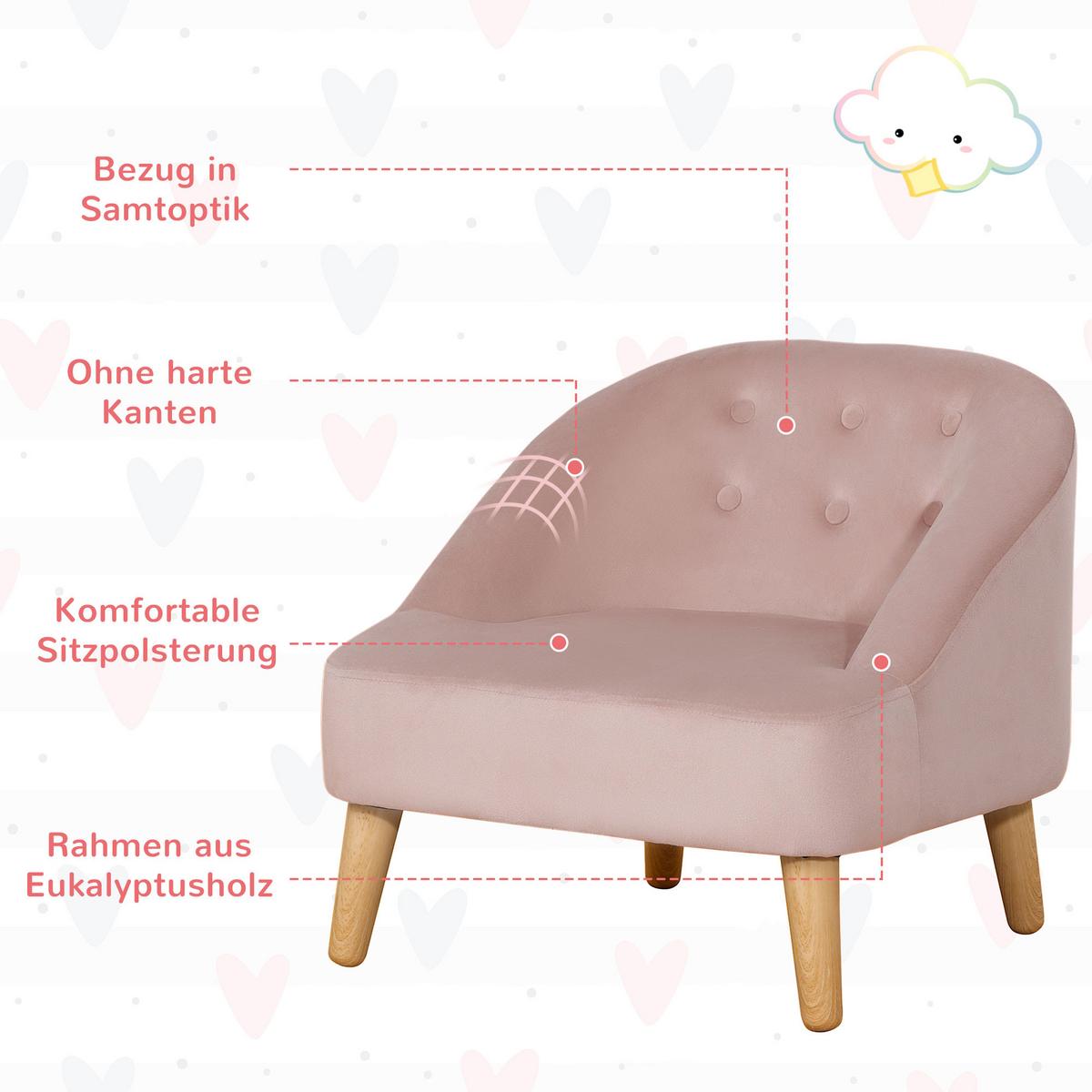 KINDERSESSEL, Rosa, Eukalyptusholz - Rosa, Holz (51/50/51cm) - HOMCOM