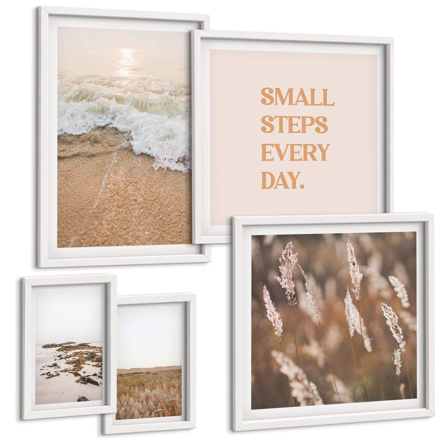 BILDER SET 5er Set - 50x50 cm & 20x30 cm & 40x60 cm Weißer Rahmen - Strandwellen, Steine, Sommer - Weiß, Kunststoff (40/60cm) - TULUP