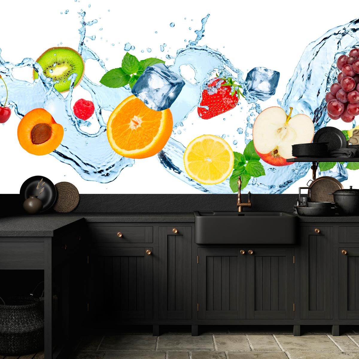 FOTOTAPETE für Küche Erfrischende Früchte Eis Wasser Orange Minze Zitrone Kiwi 500x350 - Gelb/Rot, Papier (500/350cm) - Muralo