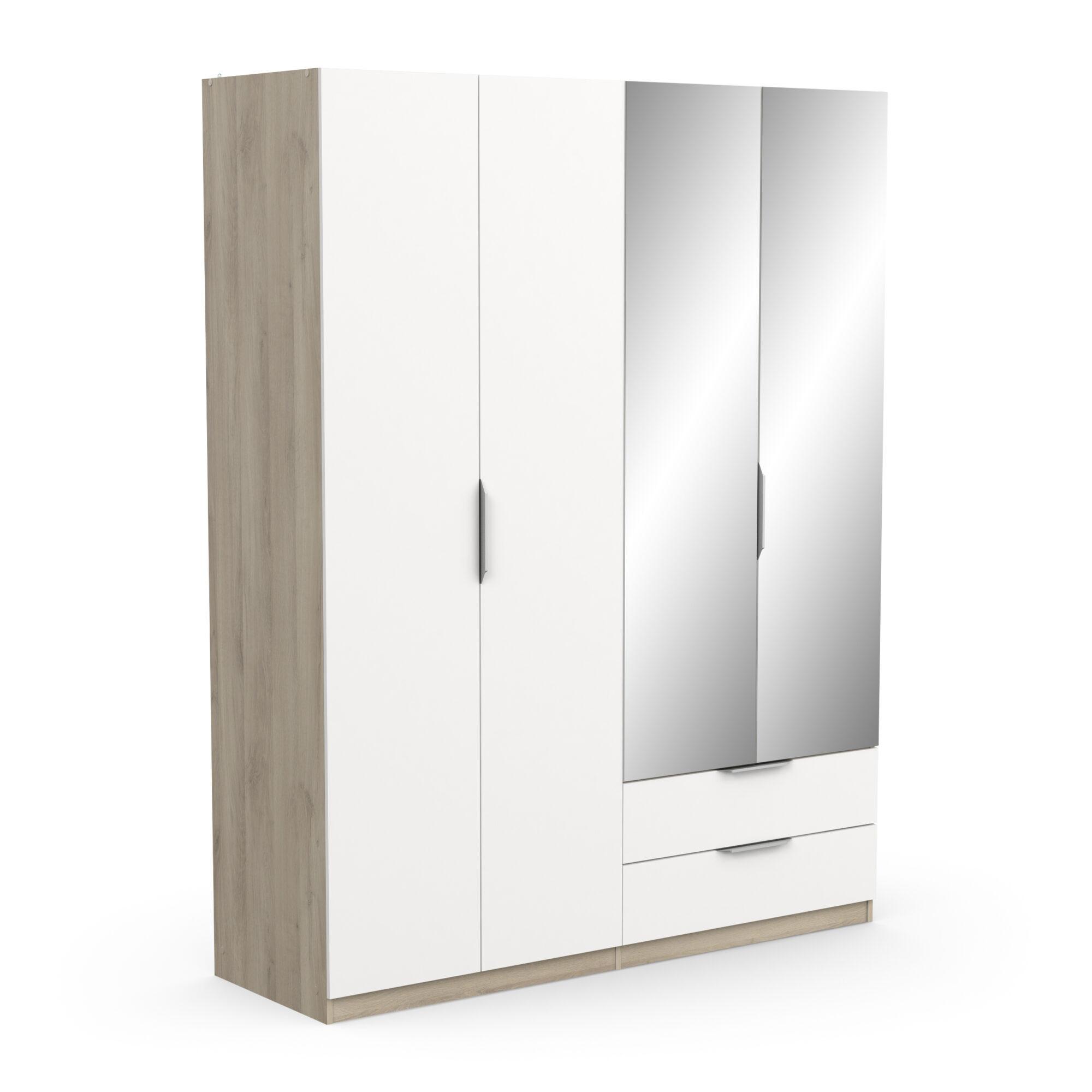 KLEIDERSCHRANK mit 4 Türen, 2 Schubladen und 2 Spiegeln Ghost - L157,3 cm - Weiß/Sonoma Eiche, Holzwerkstoff (51.1/203/204.5cm) - Demeyere