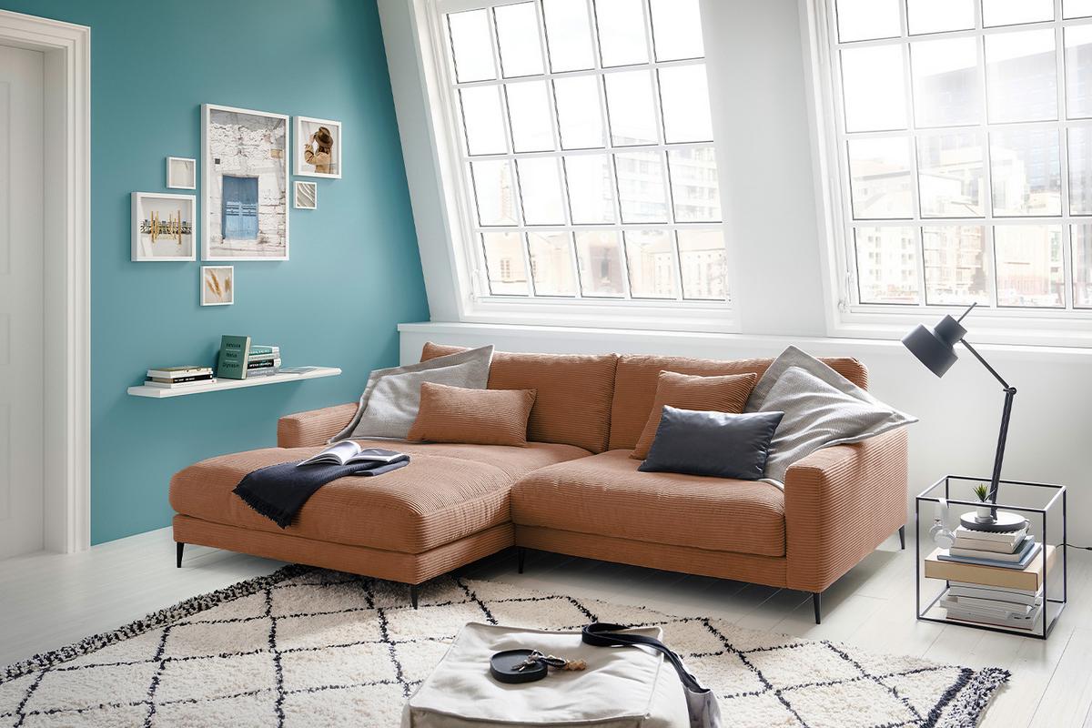 ECKSOFA CARA Braun Cord - Schwarz/Braun, Textil/Metall (272/190cm) - KAWOLA