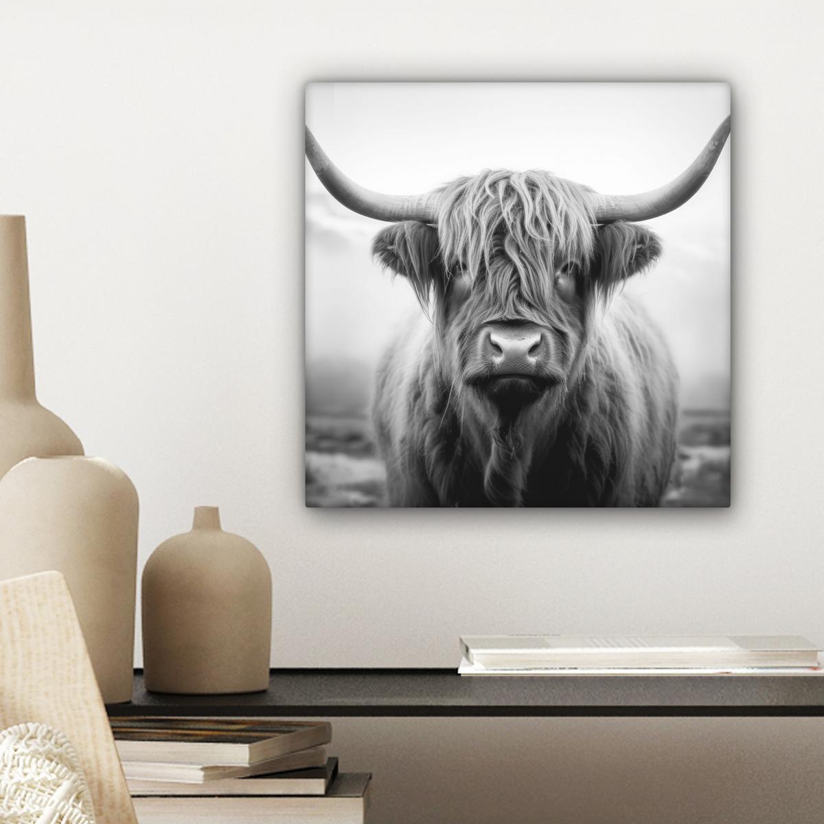 LEINWANDBILD Schottischer Highlander - Nebel - Schwarz - Weiß Deko Wohnzimmer 20x20 cm - Grau, Textil (20/20cm) - MuchoWow