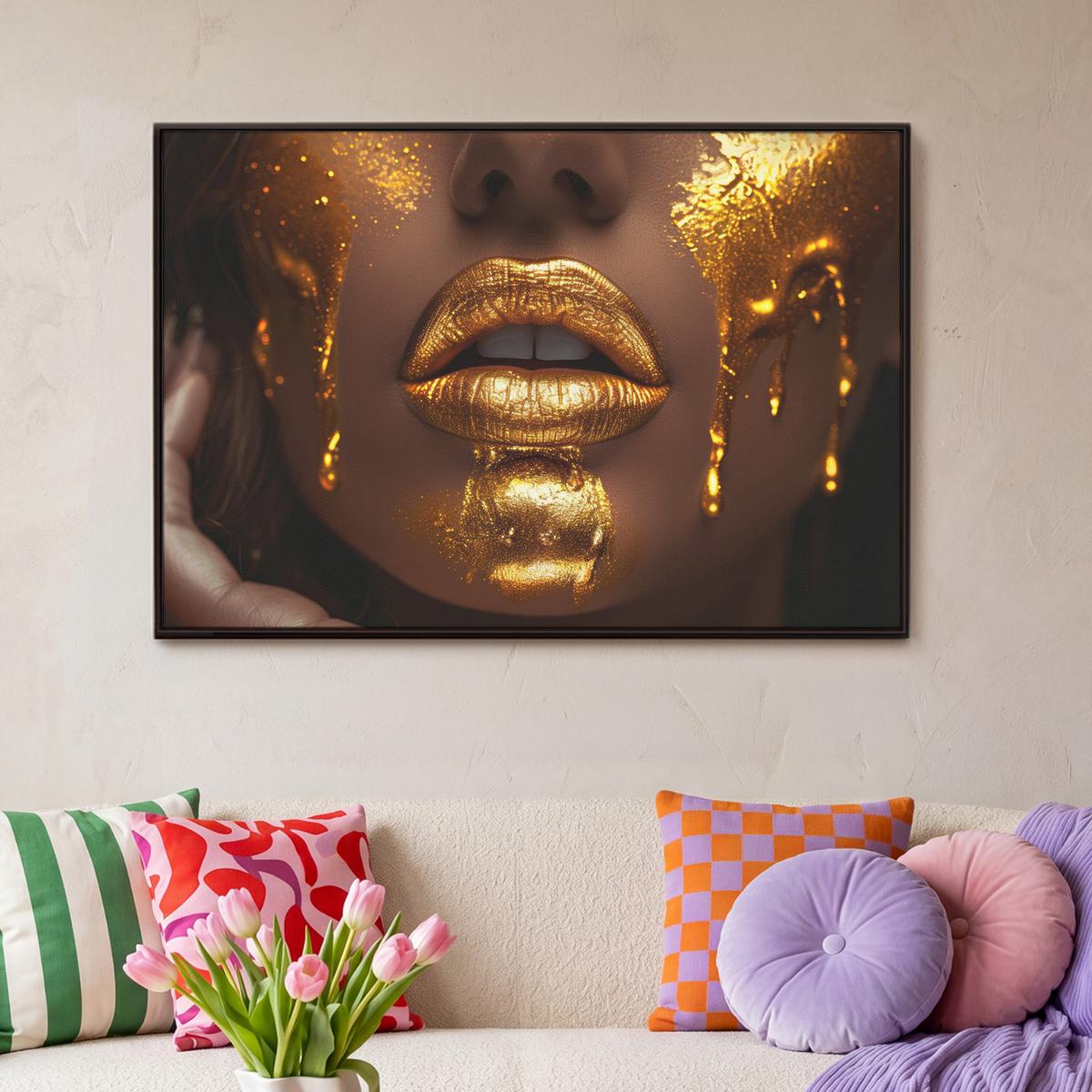 LEINWAND Bilder mit Rahmen - Frau - Gold - Luxus - Porträt - 90x60 - Goldfarben, Textil (90/60cm) - MuchoWow
