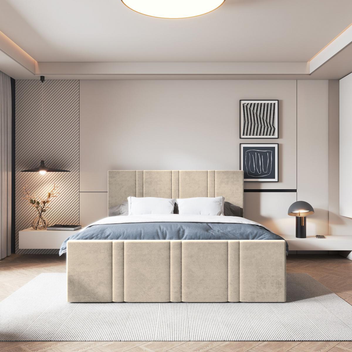 BOXBETT COMOZA 200x200 cm mit Matratze und Topper, H2+H3 - Beige - Beige, Holz (200/200cm) - MASSENO