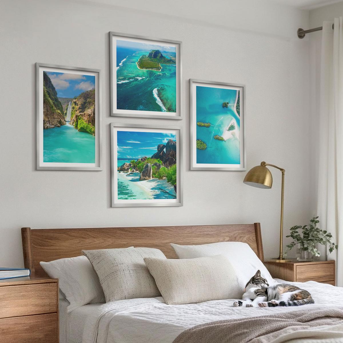 BILDER SET 4er Set - 50x50 cm & 40x60 cm Silberner Rahmen - Tropische türkisfarbene Inseln - Silberfarben, Kunststoff (50/50cm) - TULUP