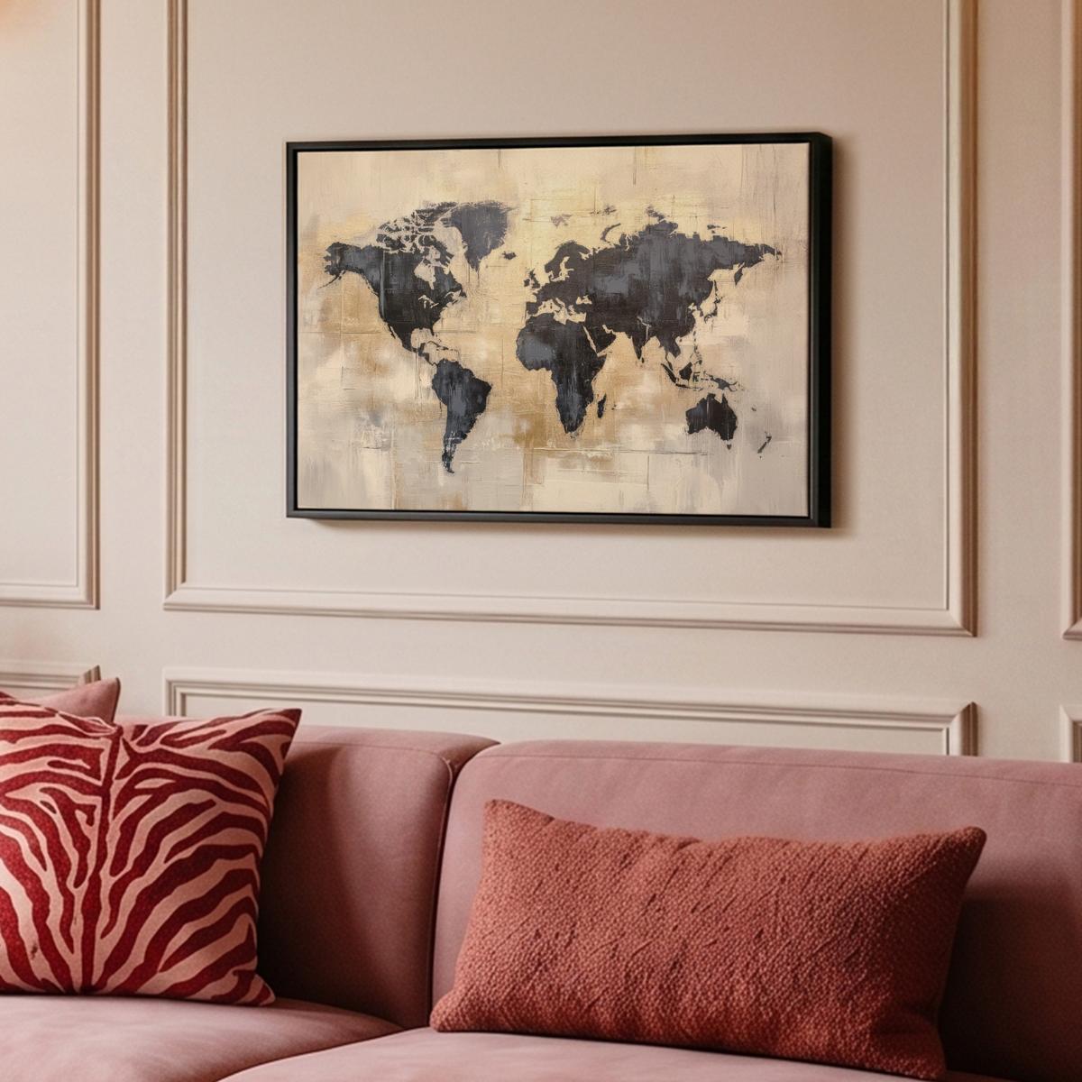 LEINWAND Bilder mit Rahmen - Weltkarte - Gold - Schwarz - Abstrakt - 60x40 - Kupferfarben, Textil (60/40cm) - MuchoWow
