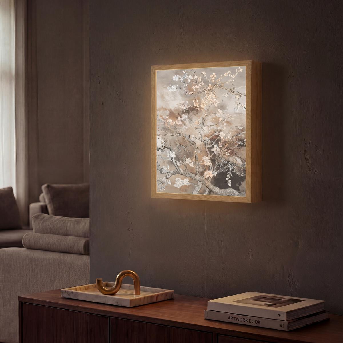 WANDLEUCHTE MIT AKKU Mandelblüte - Kunst - Van Gogh - Beige - Abstrakt 30x40 cm - Graubraun, Holzwerkstoff (30/40/8cm) - OnlyWow