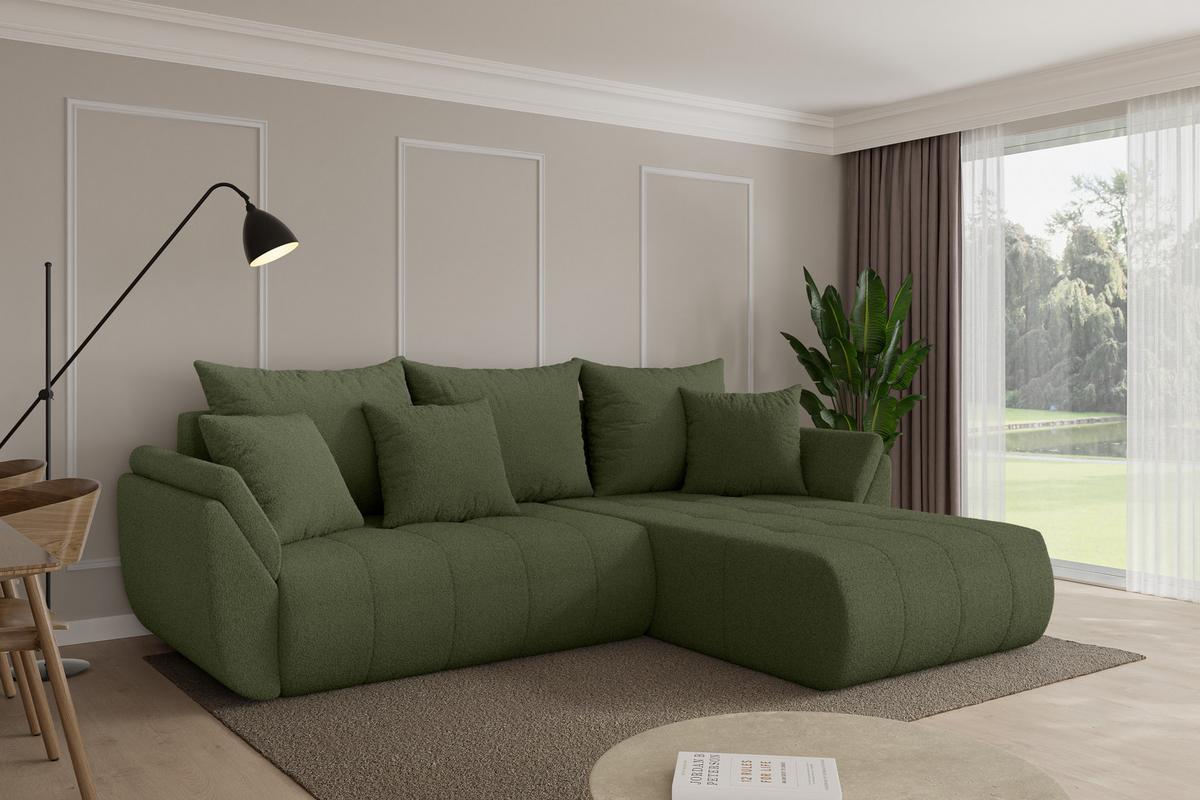 ECKSOFA mit Schlaffunktion Ottomane Rechts TOKO-L 277x194x86 Grün Bouclé - Schwarz/Olivgrün, Holzwerkstoff/Kunststoff (277/194cm) - ALTDECOR